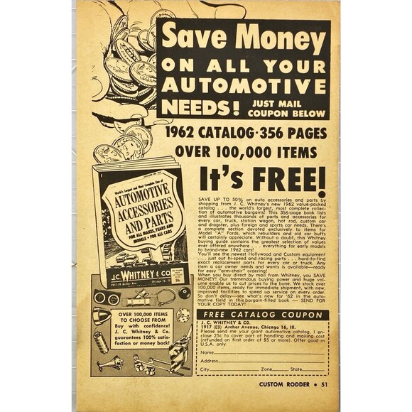 JC Whitney Co. Save Money on Your Automotive Needs!" Vintage Print Ad 1962 - Picture 1 of 3